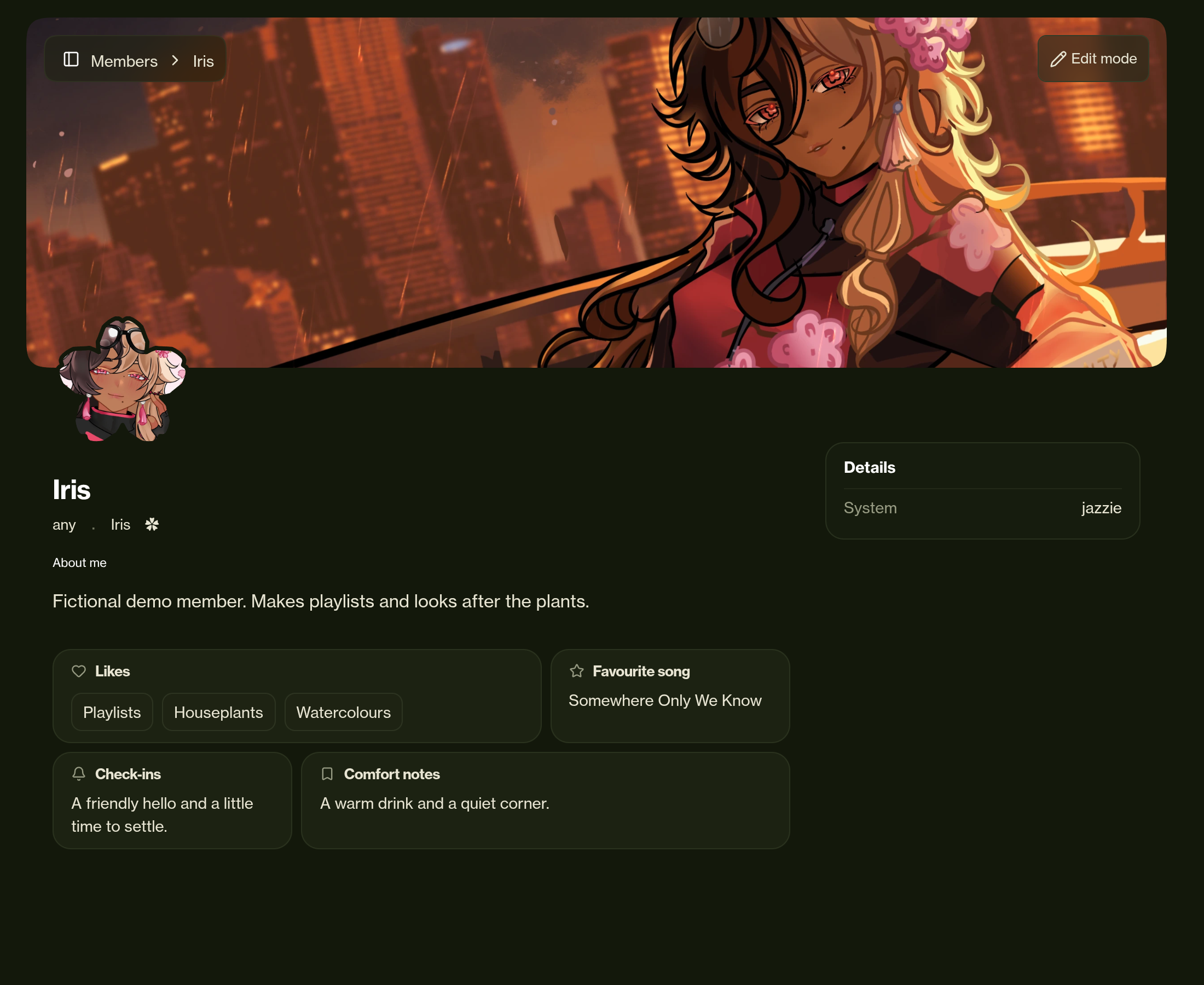 Iris’s real demo member profile page, with the assigned Sakura avatar ring, banner, pronouns and fictional Likes, Favourite song, Check-ins and Comfort notes fields.