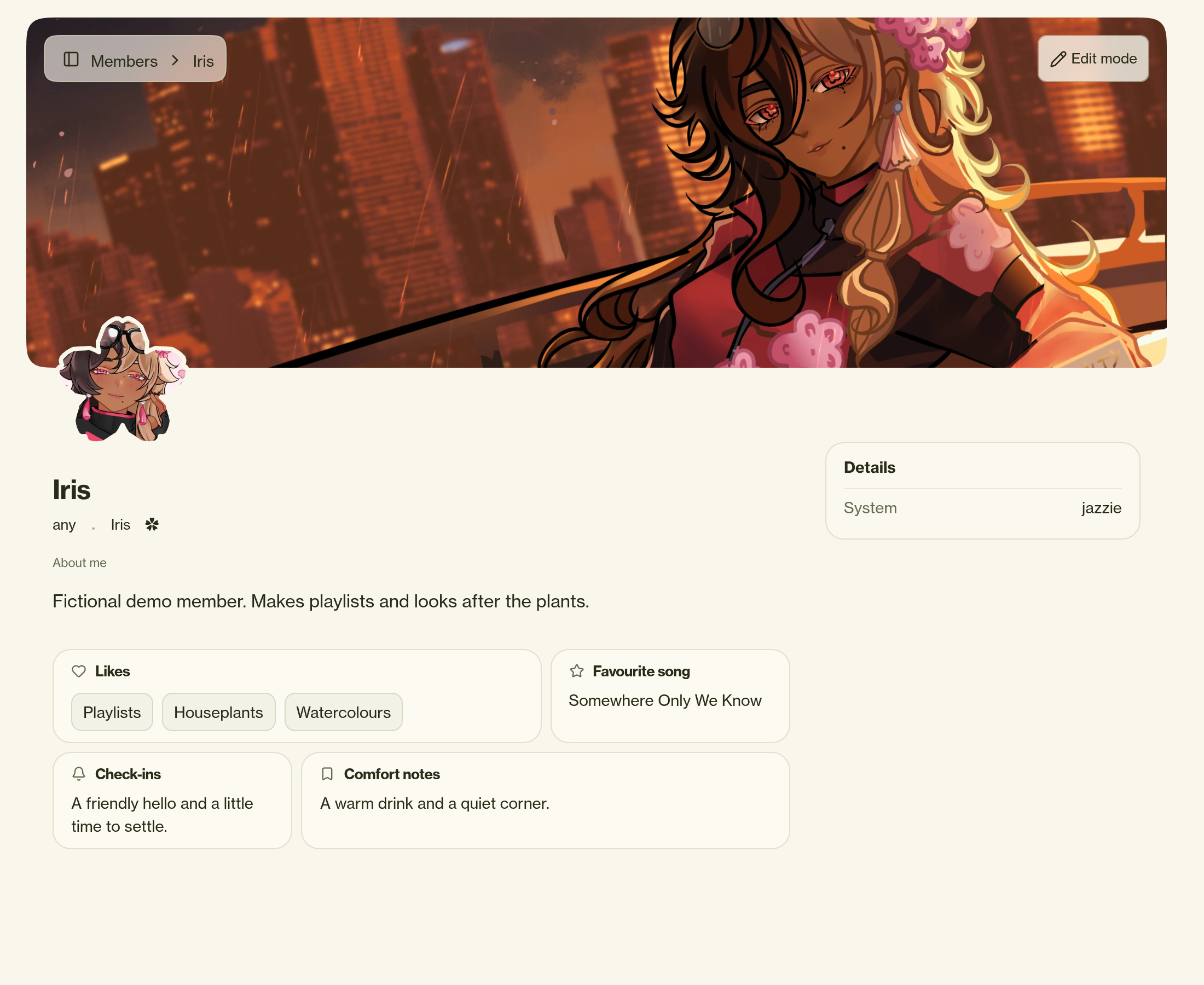 Iris’s real demo member profile page, with the assigned Sakura avatar ring, banner, pronouns and fictional Likes, Favourite song, Check-ins and Comfort notes fields.