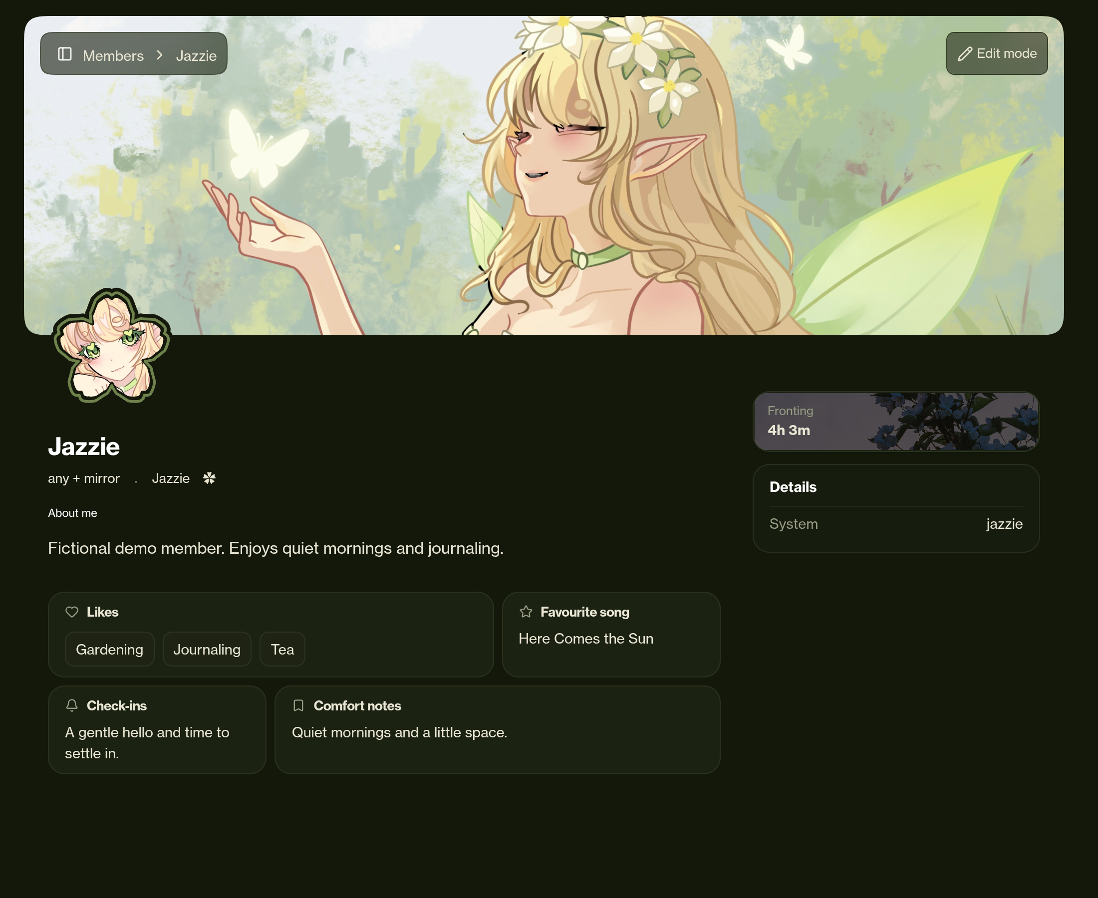 Jazzie’s real demo member profile page, with the assigned Sakura avatar ring, banner, pronouns, fronting status and fictional Likes, Favourite song, Check-ins and Comfort notes fields.