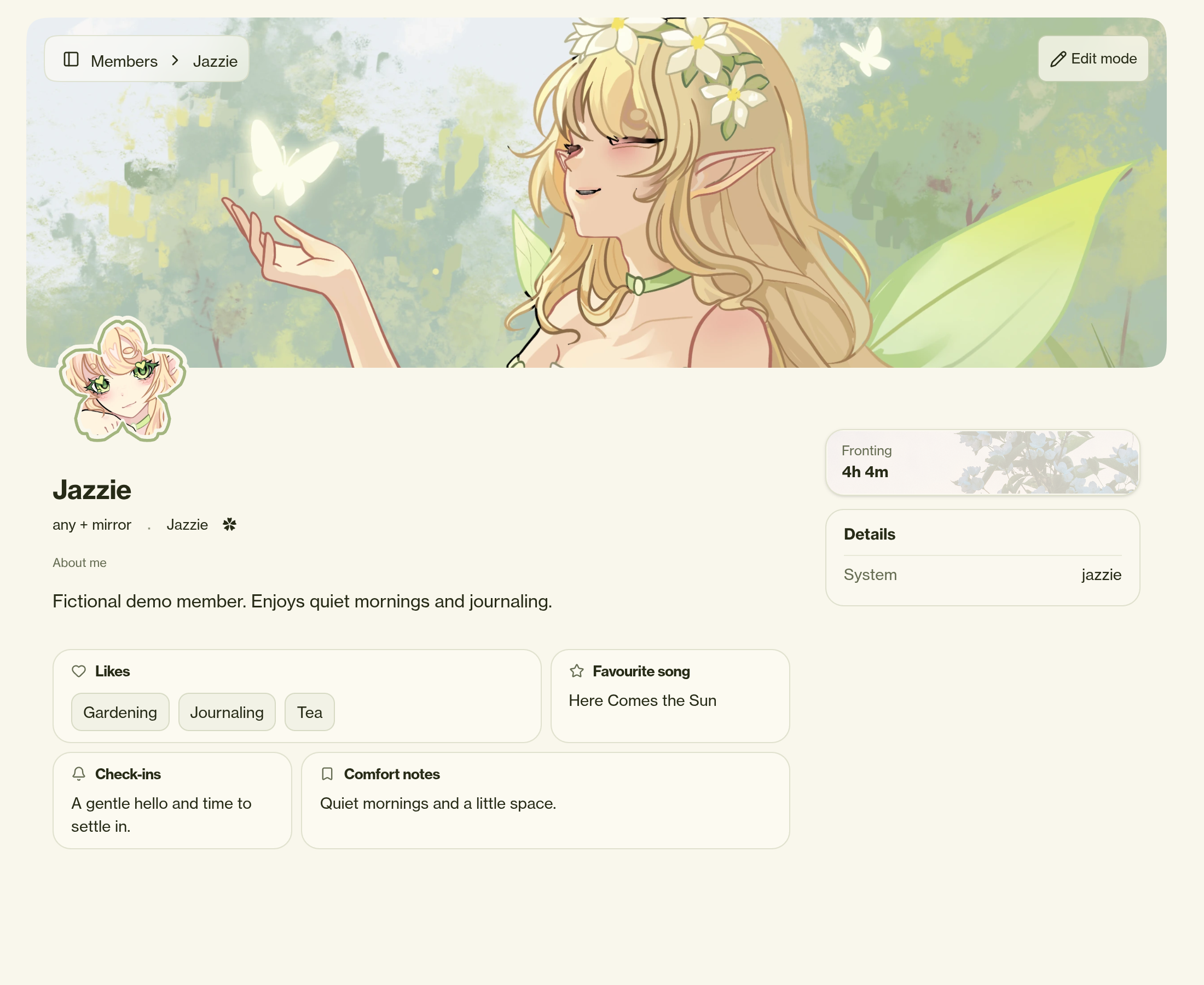 Jazzie’s real demo member profile page, with the assigned Sakura avatar ring, banner, pronouns, fronting status and fictional Likes, Favourite song, Check-ins and Comfort notes fields.