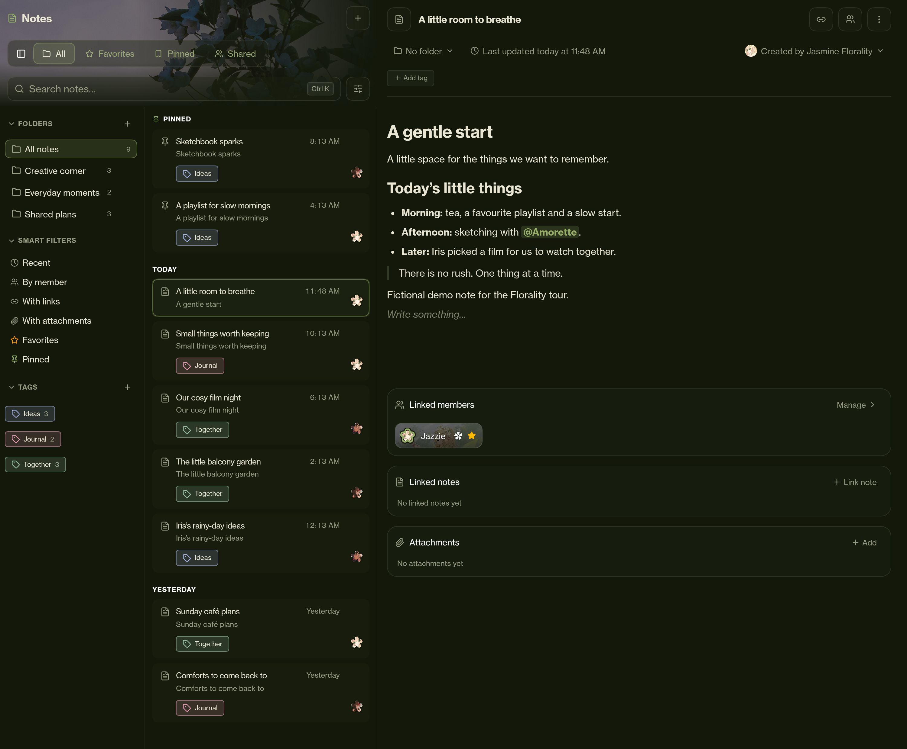 Florality’s full Notes workspace with folders, tags and nine fictional notes for Jazzie, Amorette and Iris. Jazzie’s open note includes Markdown headings, a list, a quote and an @Amorette mention, with Jazzie shown as the linked member.