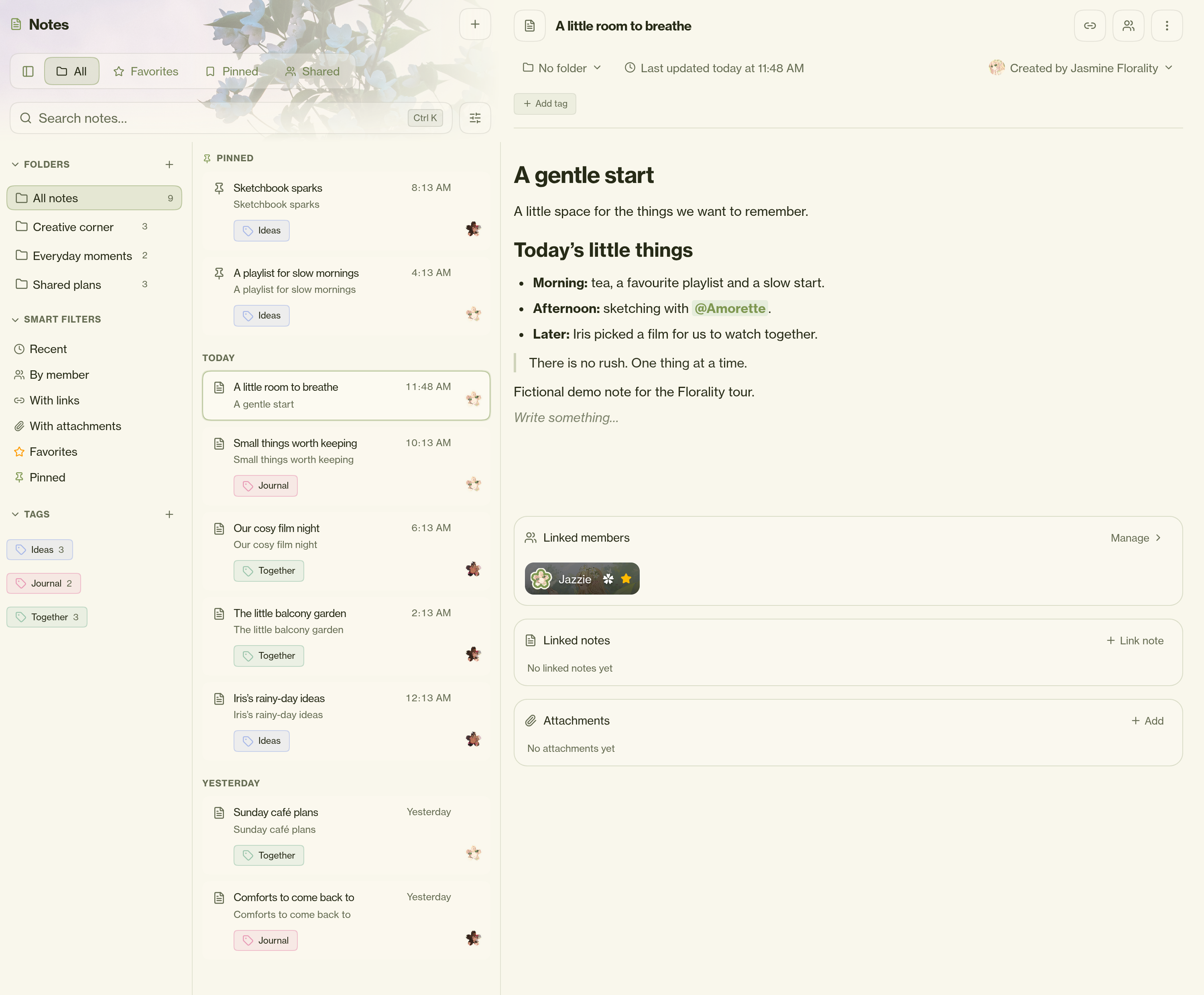 Florality’s full Notes workspace with folders, tags and nine fictional notes for Jazzie, Amorette and Iris. Jazzie’s open note includes Markdown headings, a list, a quote and an @Amorette mention, with Jazzie shown as the linked member.