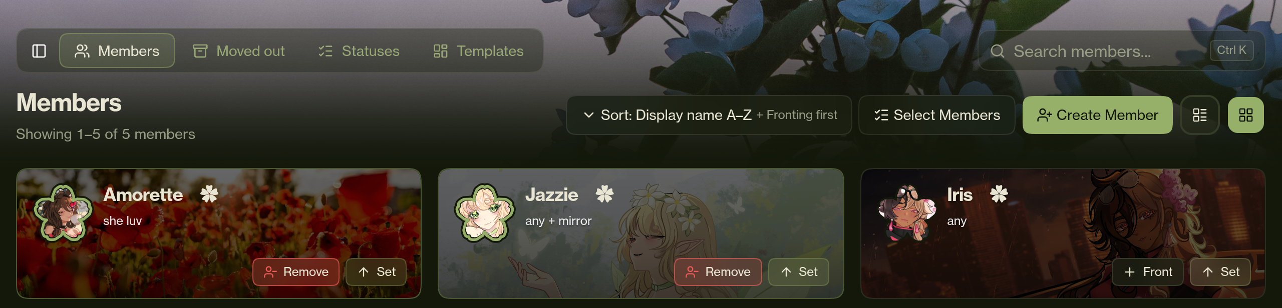 Florality’s Members grid, showing the demo profiles Amorette, Jazzie and Iris with their assigned Sakura avatar rings. Amorette and Jazzie are fronting; Iris is not.