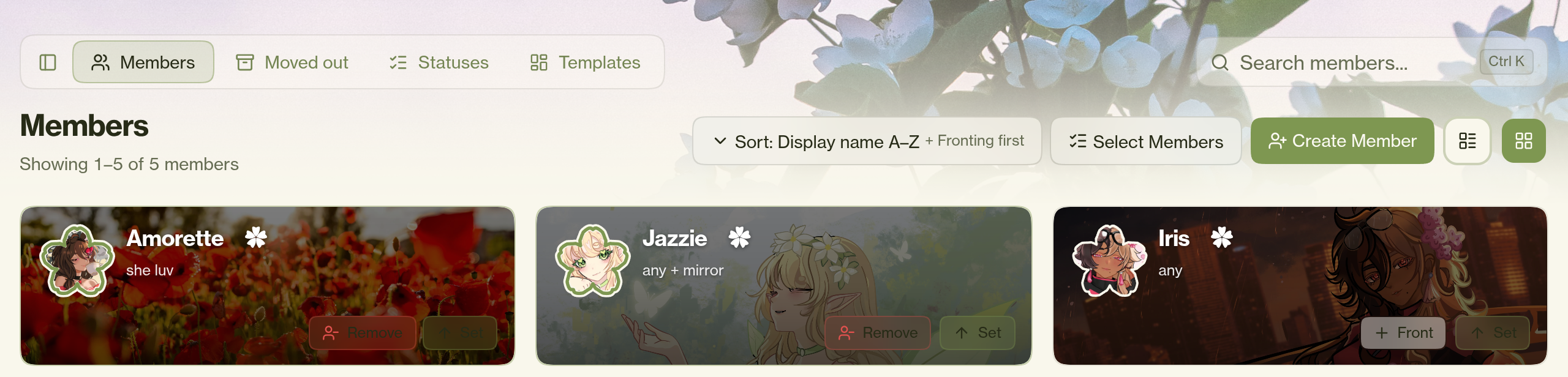 Florality’s Members grid, showing the demo profiles Amorette, Jazzie and Iris with their assigned Sakura avatar rings. Amorette and Jazzie are fronting; Iris is not.
