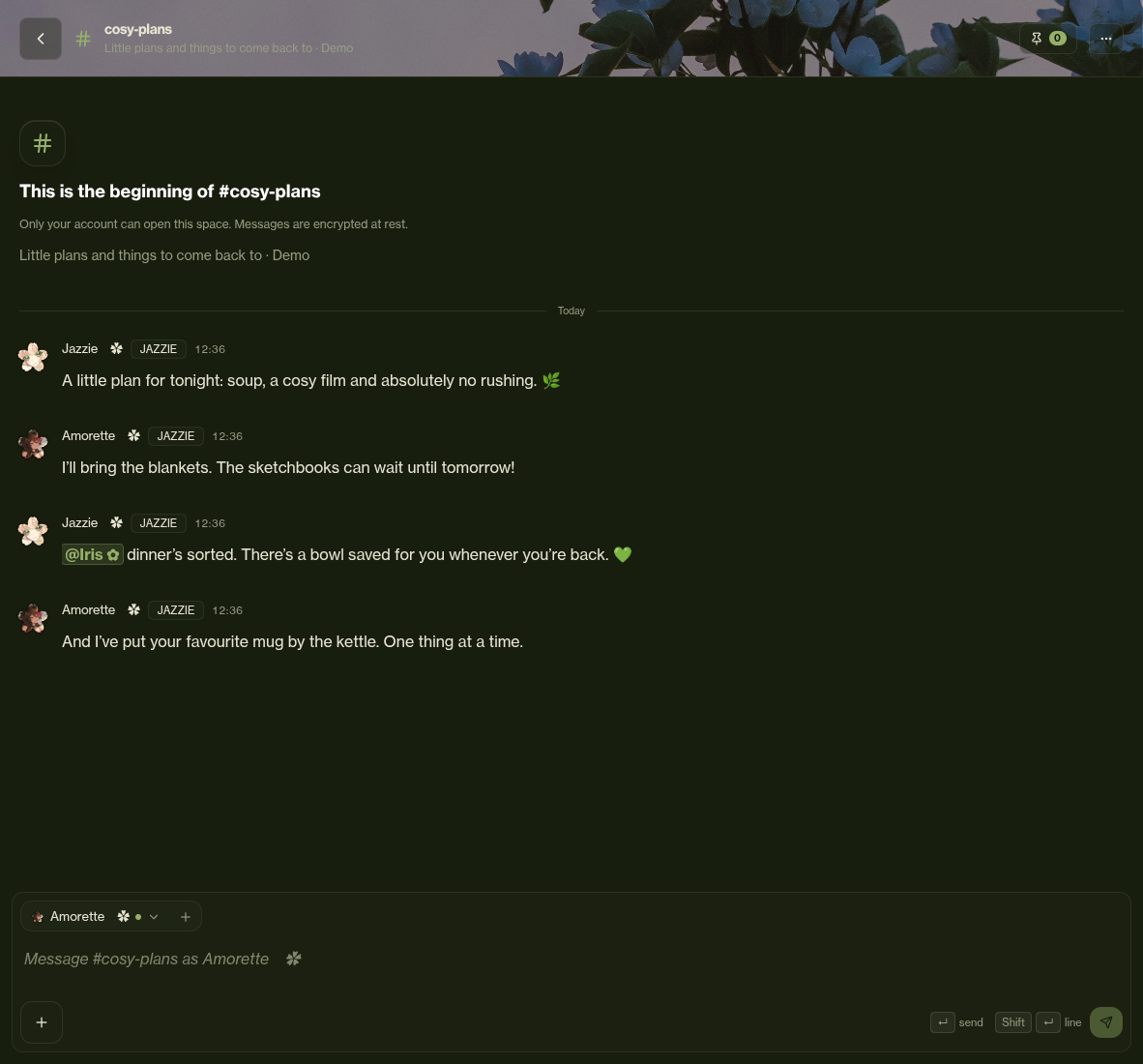A real demo messaging channel, cosy-plans, with fictional messages from Jazzie and Amorette and an @Iris mention queued while Iris is not fronting.