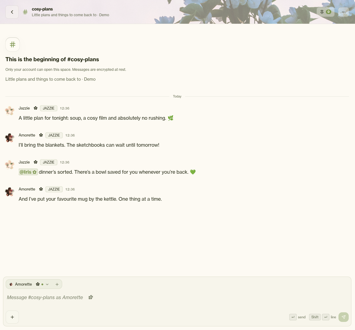 A real demo messaging channel, cosy-plans, with fictional messages from Jazzie and Amorette and an @Iris mention queued while Iris is not fronting.