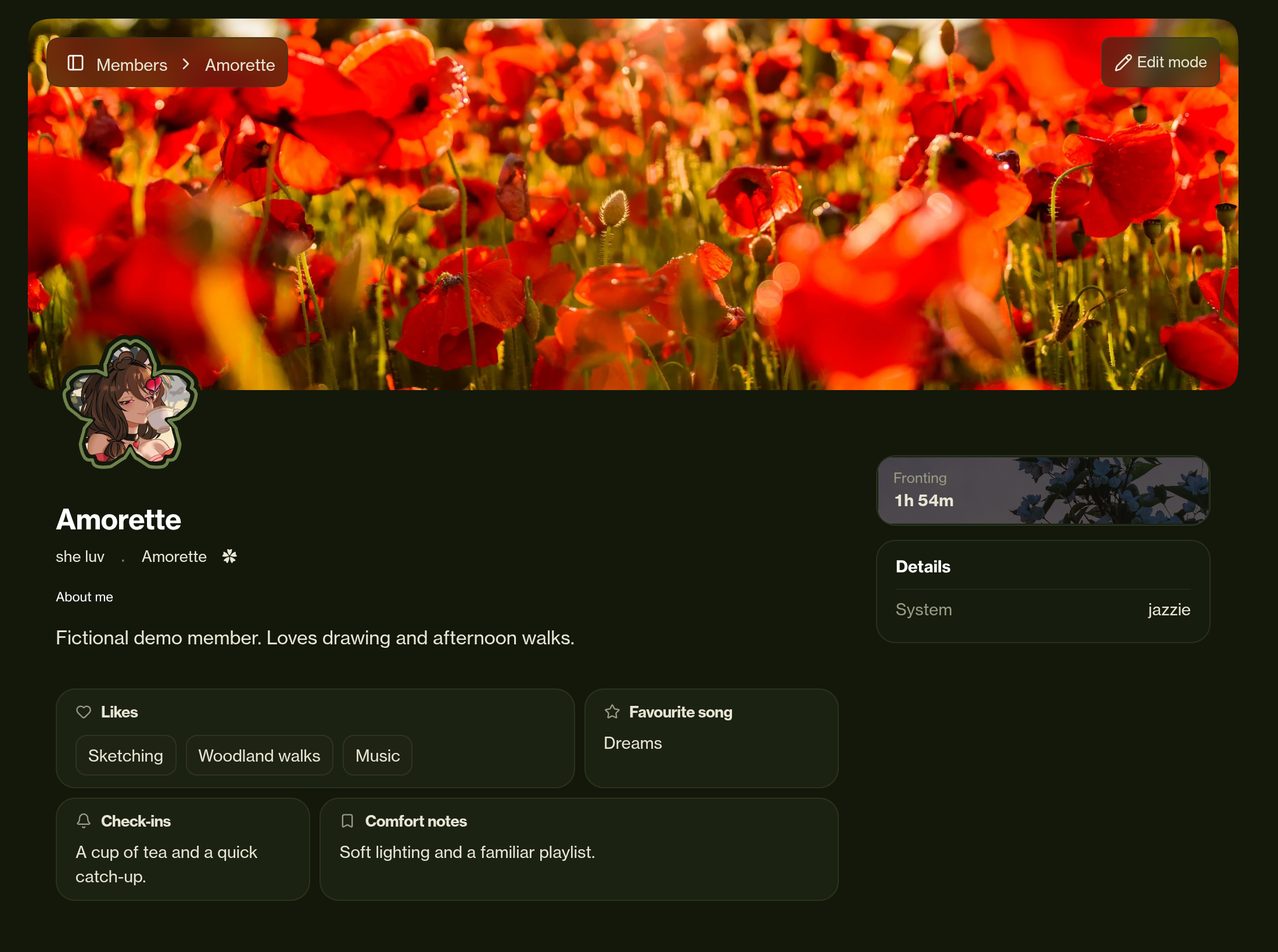 Amorette’s demo member profile in Florality, with a personalized banner, Sakura avatar ring, pronouns, and Likes, Favourite song, Check-ins and Comfort notes custom fields.